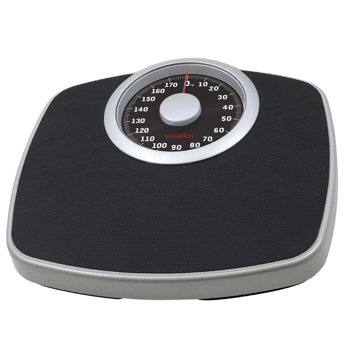 TERRAILLON - NEO T - Bilancia pesata meccanica con ampio vassoio in metallo con rivestimento antiscivolo, grande quadrante ad alta leggibilità, bilancia robusta, capacità 180 kg, gradazione 1 kg, nero