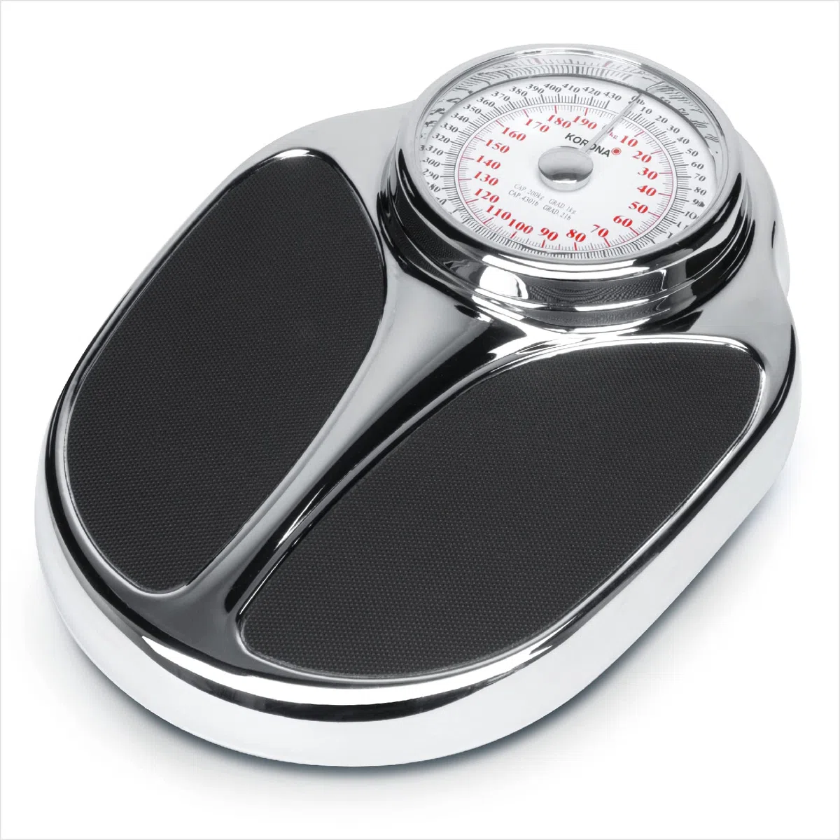 Korona THEO 7776 - Bilancia pesapersone meccanica, portata 200 kg, suddivisione 1 kg, scala extra grande, superficie di pesatura antiscivolo, applicazioni cromate di alta qualità